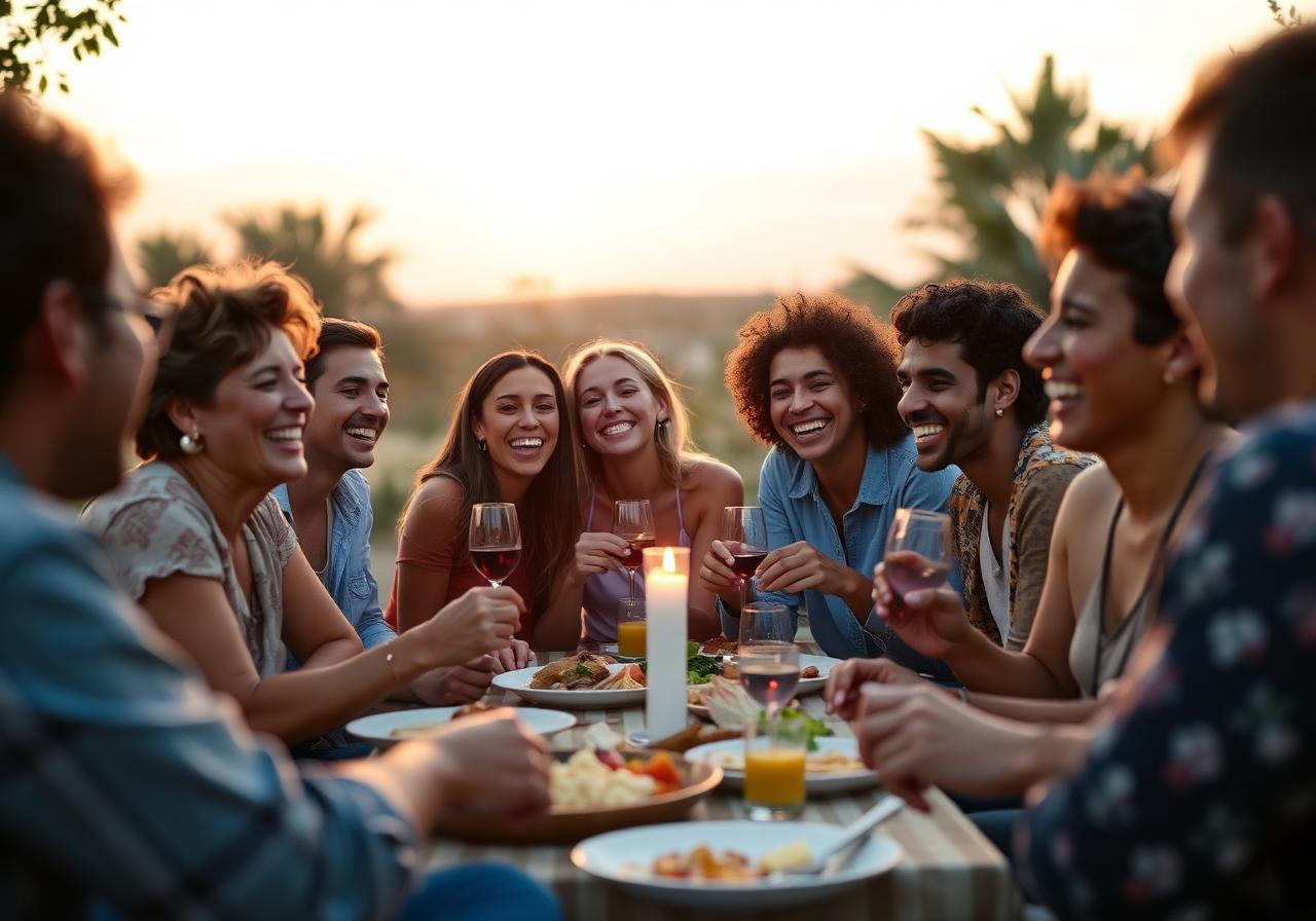 A diverse group of friends sharing a meal at sunset